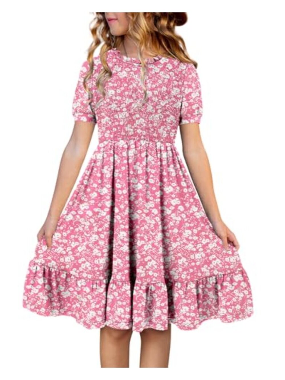 Girls Casual Summer Ruffle Neck Puff Short Sleeve Smocked Dress